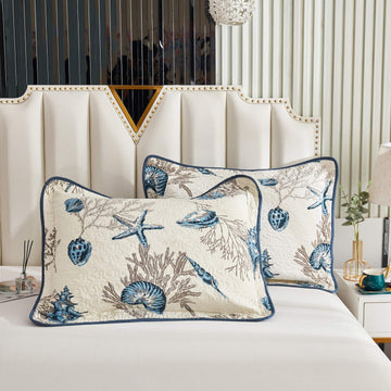 100% Cotton Pillow Cases Set of 2 Standard Size Coastal Quilted Pillow Shams Navy Blue Seashells 2-Piece Full Queen