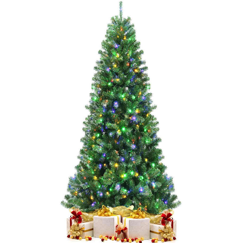8ft Pre-lit Artificial Christmas Tree, Hinged Remote Control Xmas Tree w/ 9 Lighting Modes & 600 Color Changing LED