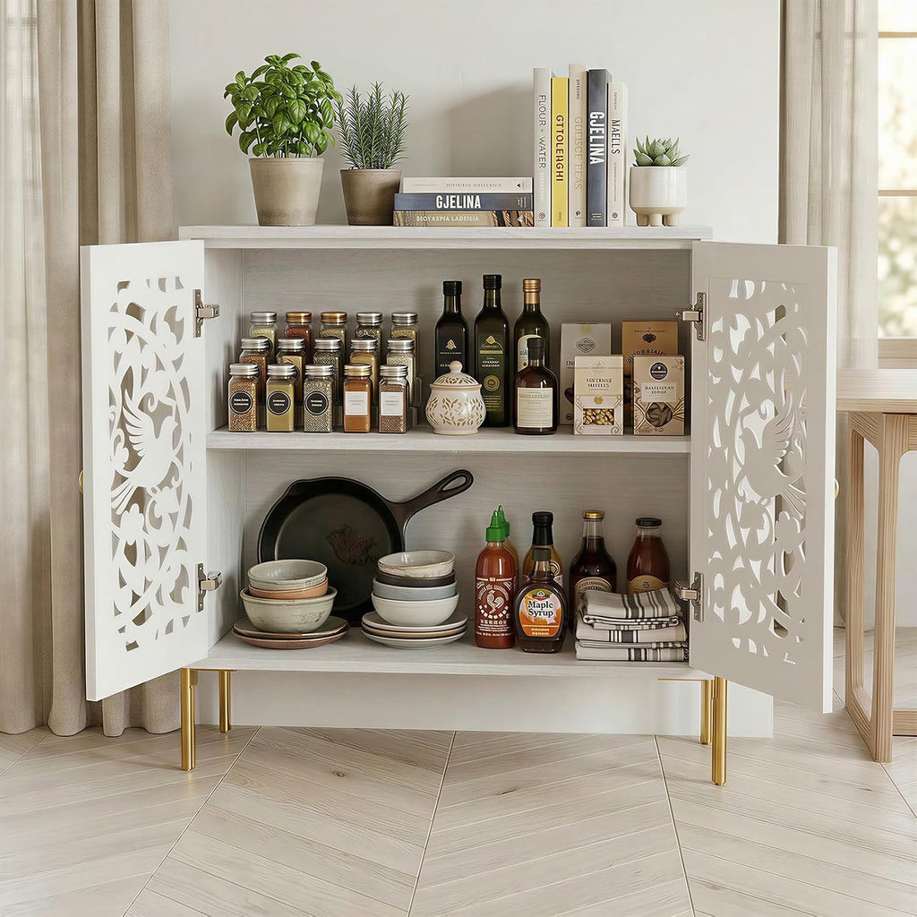 Accent Cabinet with Doors, Hollow-Carved Pattern Buffet Cabinet with Storage, Freestanding Sideboard Cabinet Dining