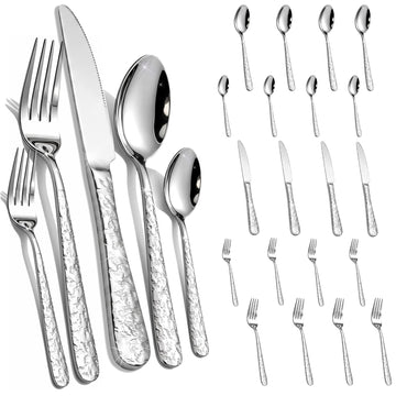 Hammered Silverware Set for 4, Stainless Steel Flatware Set with Dinner Forks, Spoons and Knives, Dishwasher