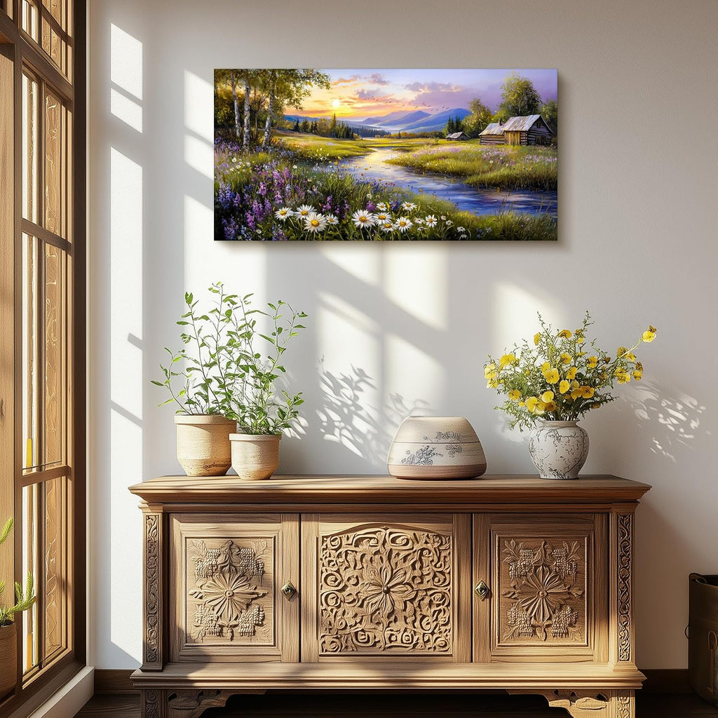 Large Wall Art Prints, Rural Landscape Wall Decor, Meadow Wildflower Canvas Painting, River Cottage Pictures Home