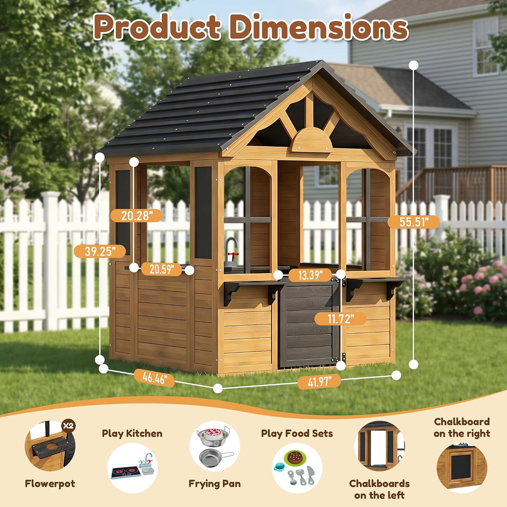 Kids Outdoor Playhouse Wood Play House for Kids Ages 3-8 withPet Door | Backyard Cottage Playhouse with Play