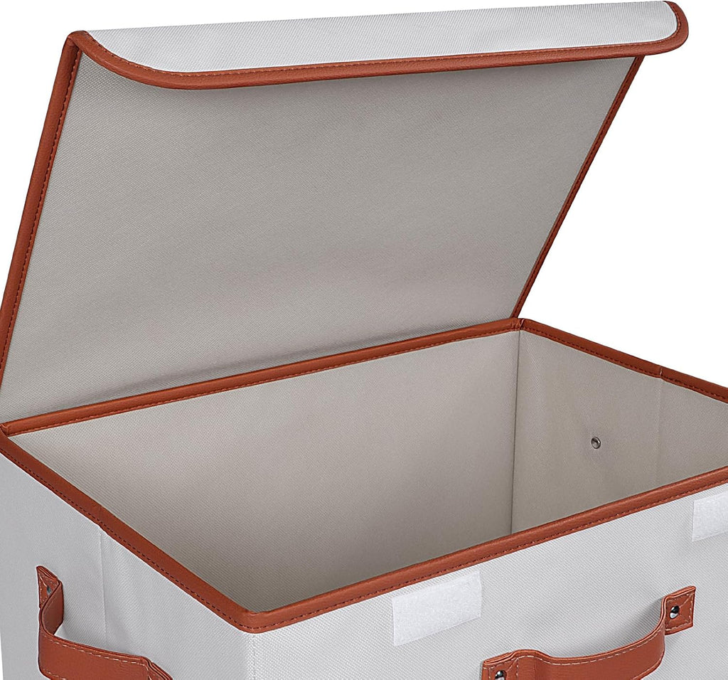 Fabric Storage Bins with Lid, Stackable Storage Box, Beige, 3 PCS | Heavy Duty, Large Capacity, Leather Handle