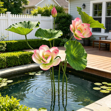 7 PCS Real Touch Artificial Lotus Flowers and Separate Leaves Set, 37" Waterproof Faux Water Lilies for Pond, Water