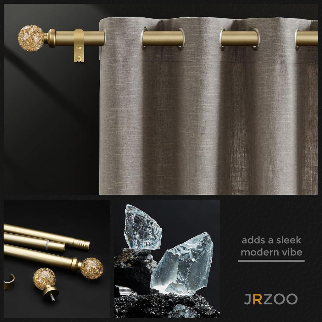 Gold Curtain Rods for Windows, 1'' Heavy Duty Adjustable Drapery Rod with Unique Crystal Ball Finials
