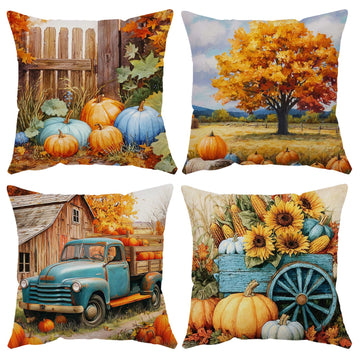 Fall Throw Pillow Covers 20x20 Set of 4 Velvet Thanksgiving Pumpkin Pillow Case Farmhouse Blue Orange Autumn