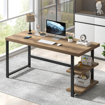 60 Inch Home Office Desk, Large Computer Desk with Storage Shelves, Modern Wood and Metal Writing Study Gaming Table