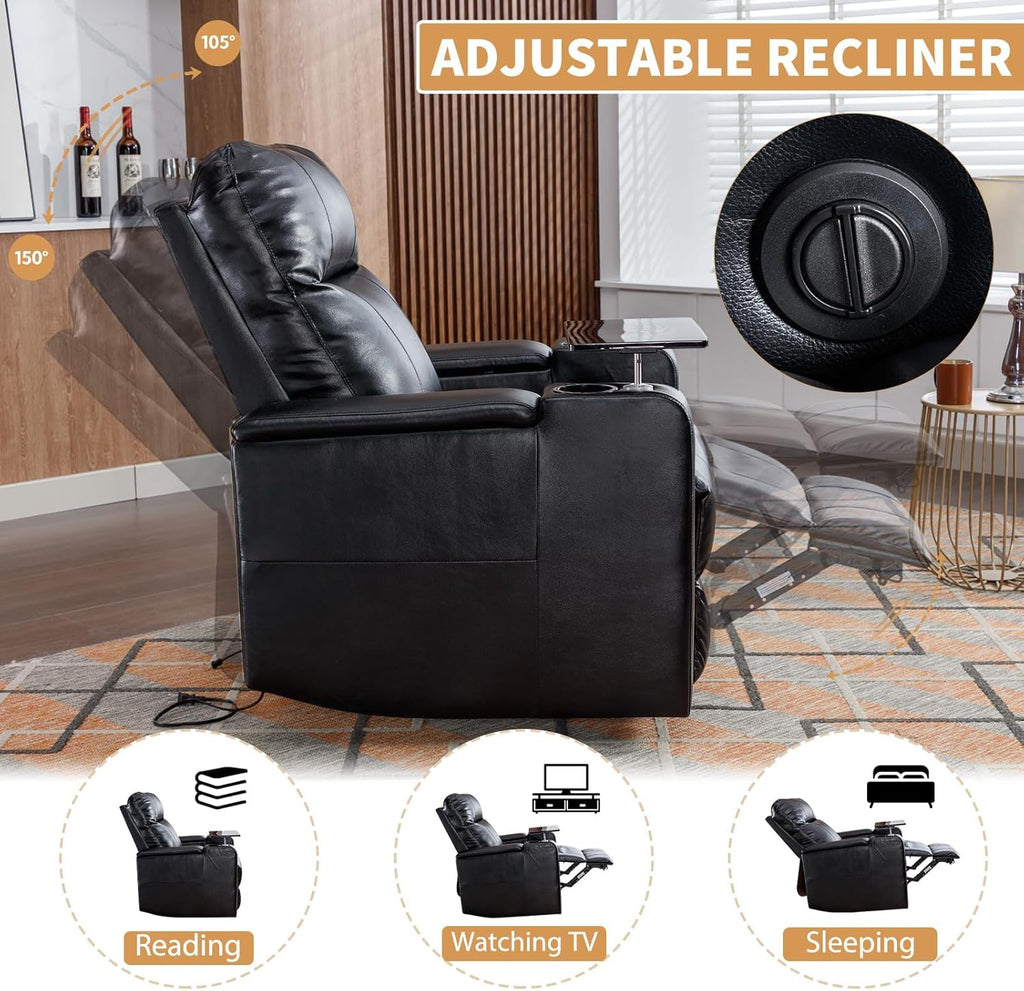 ANJ Power Recliner Chair with USB Ports, Faux Leather Home Theater Seating with Swivel Tray Table