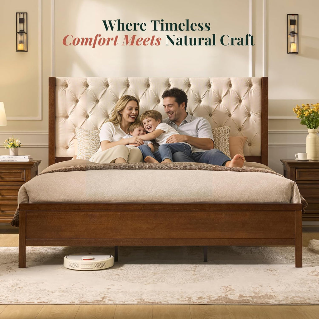 Solid Wood Queen Bed Frame, 57" Tall Farmhouse Platform Beds, Upholstered Line Wingback Headboard, Deep Button