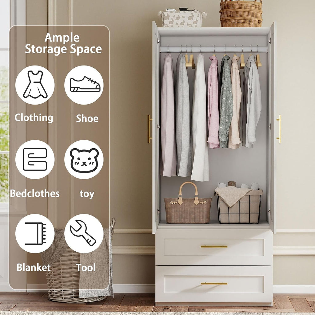Armoire Wardrobe Closet with Drawers: 75" White Wardrobe Closet with 2 Doors and 2 Drawers, Wood Armoire Closets