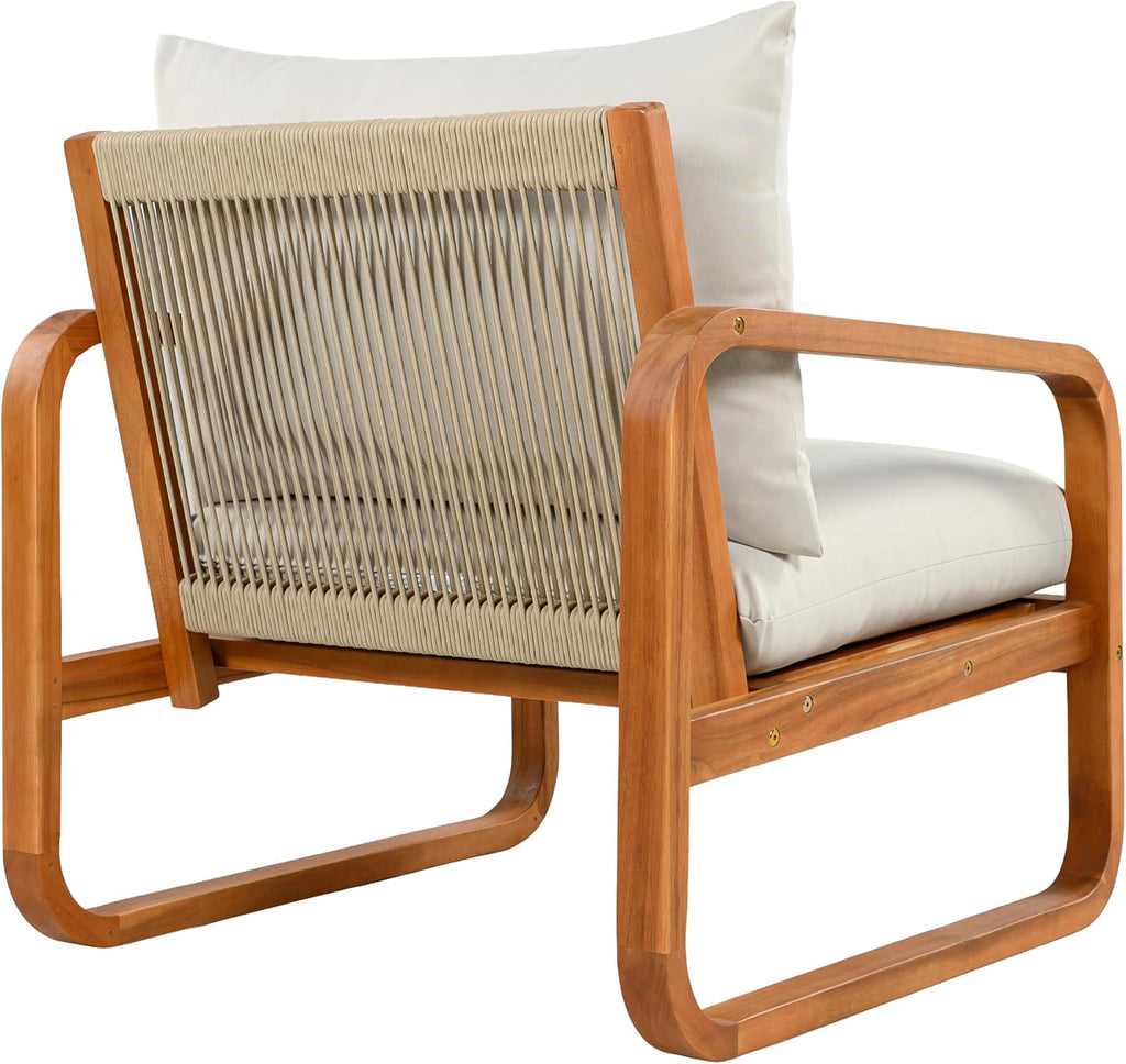 Outdoor 4-Piece Acacia Wood Conversation Set - Patio 2-Seat Loveseat Sofa w/Cushion, 2 Armchair and Square Coffee