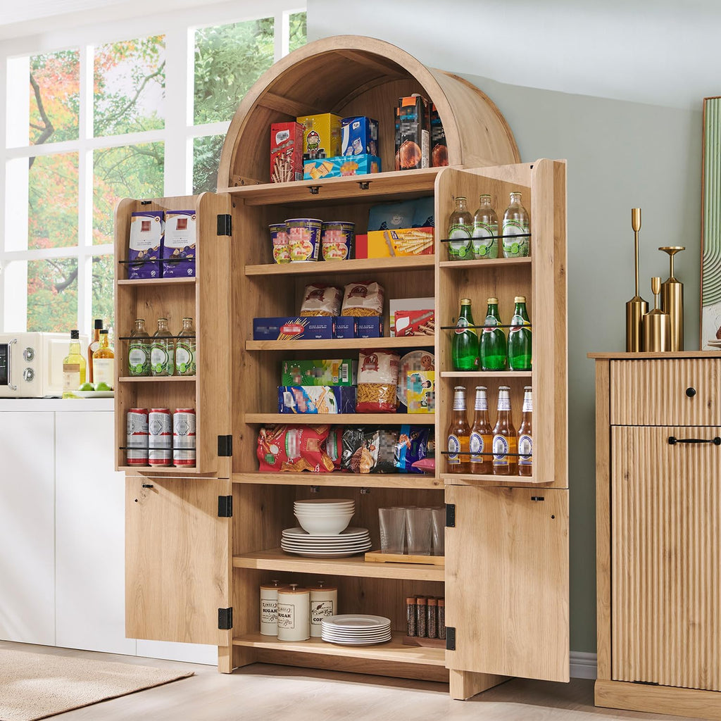 71" Tall Arched Kitchen Pantry, Modern Fluted Wood Storage Cabinet with Doors, 3 Adjustable Shelves, 6 Door Shelves