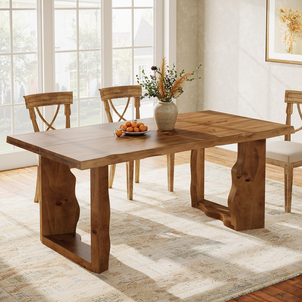 63" Live Edge Solid Wood Dining Table, Modern Rustic Kitchen Table with Sculptural Legs, 6-Person Rectangular Dinner