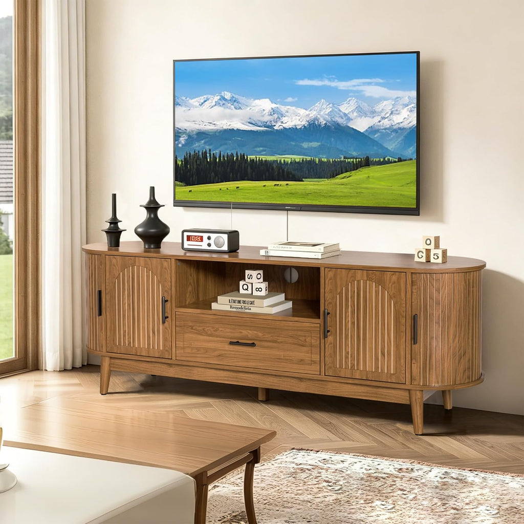 63" Fluted TV Stand for Tvs up to 70", Mid-Century Modern Entertainment Center with Drawers and Fluted Doors, Curved