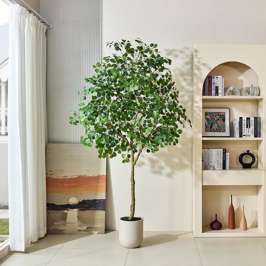 8FT Artificial Ficus Tree Indoor, Large Potted Faux Tree with Silk Leaves