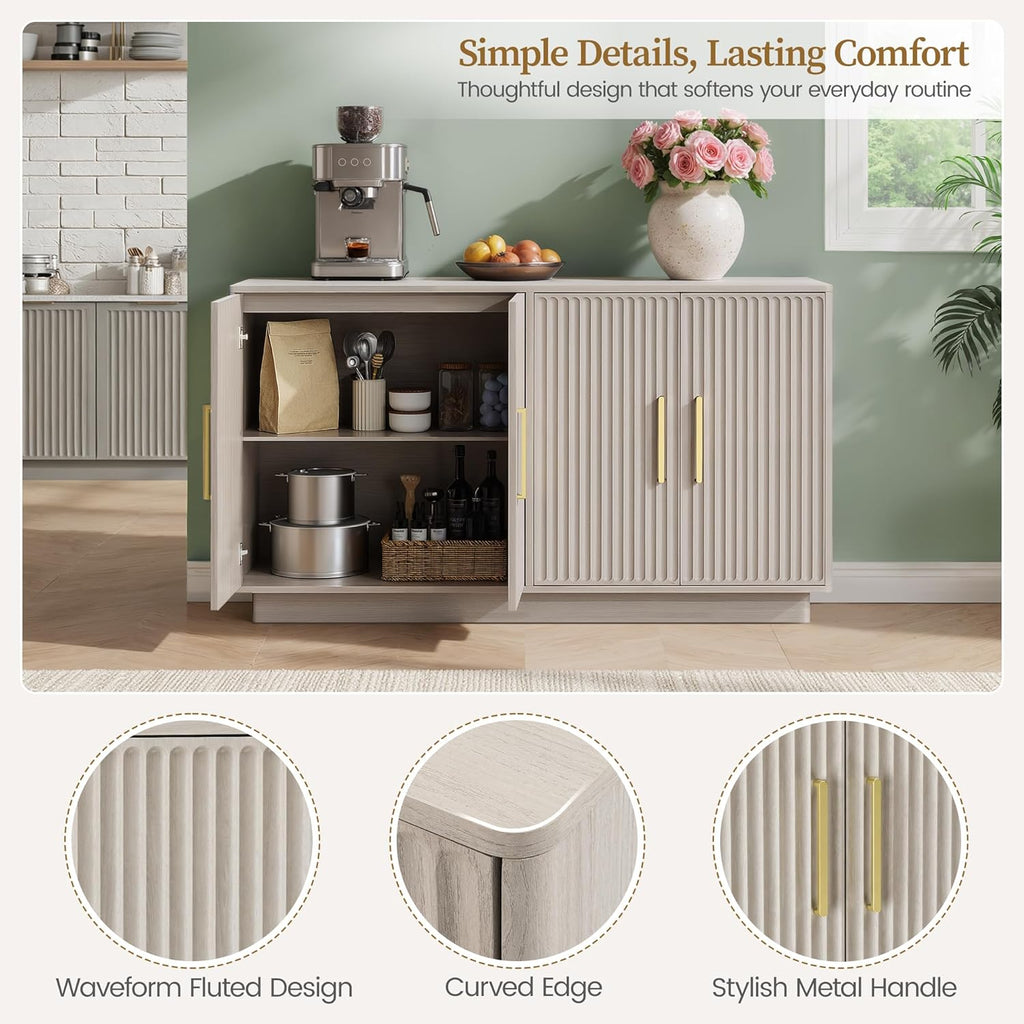 55" Modern Fluted Sideboard Buffet Cabinet, Space-Saving Storage Credenza for Home Coffee Bar