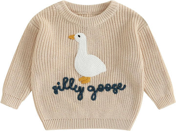 Toddler Baby Boy Girl Knit Sweater Silly Goose Embroidery Long Sleeve Knitted Sweatshirt Warm Fall Winter Clothes
