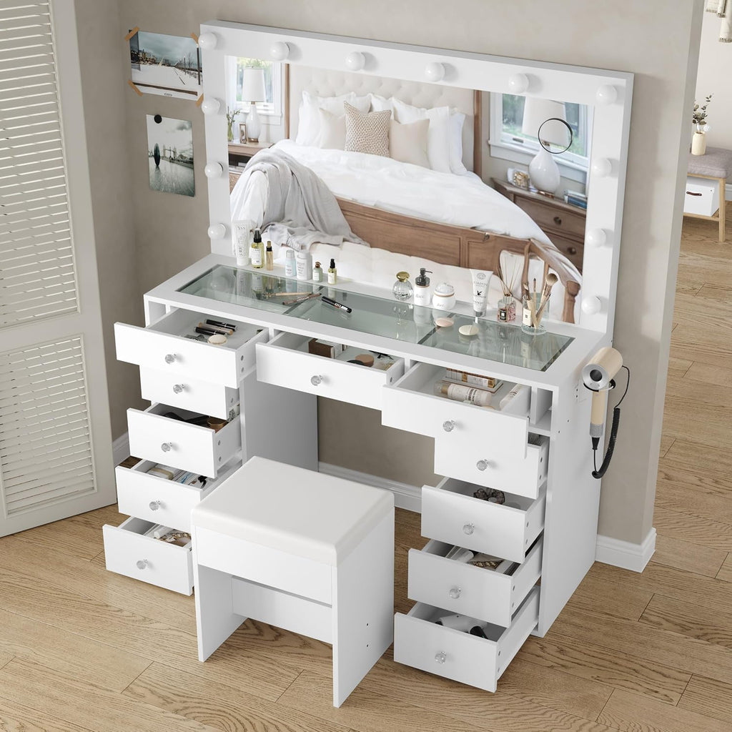 Vanity Desk & Power Outl, Makeup Vanity with Mirror and 12 LED Lights, Makeup Table with 11 Drawers, Vanity Table