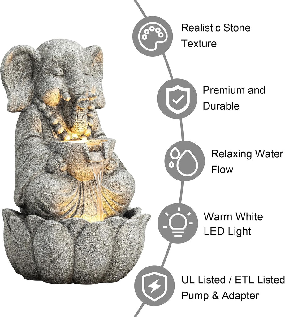Outdoor Fountains and Waterfalls Zen-Style Concrete Resin Elephant Water Fountains with LED & Pump, Garden Patio