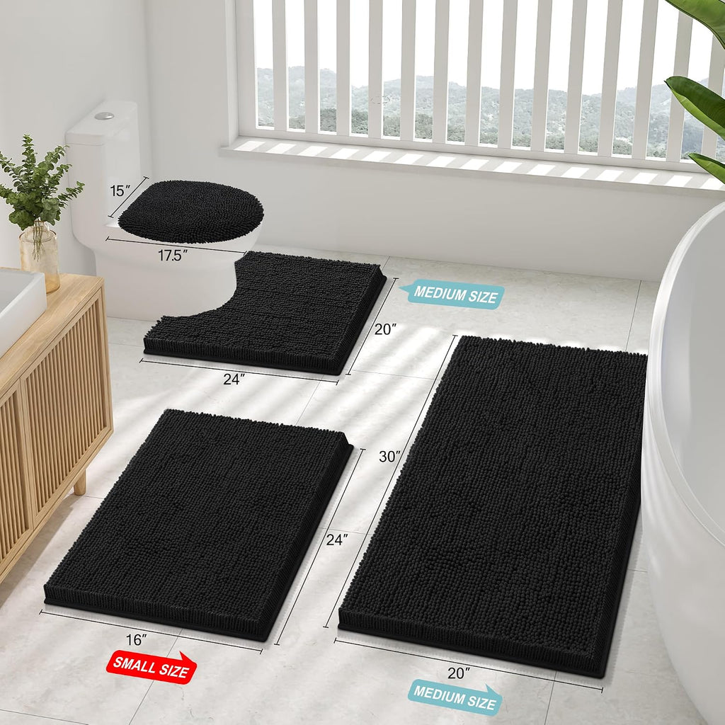 Chenille Bathroom Rugs Sets 2 Piece (30x20+24x16, Black) | Soft Absorbent Machine Washable Non Slip Shaggy Bath Rug