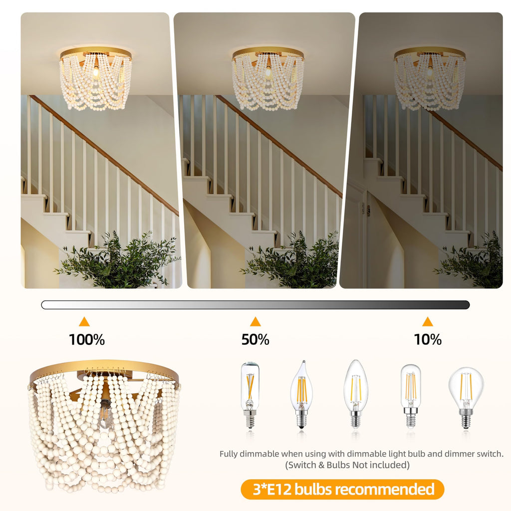 3-Light 12.6" Boho Wood Beaded Flush Mount Ceiling Light, 2-Mode Adjustable Beaded Chandelier, Boho Chandelier Coastal