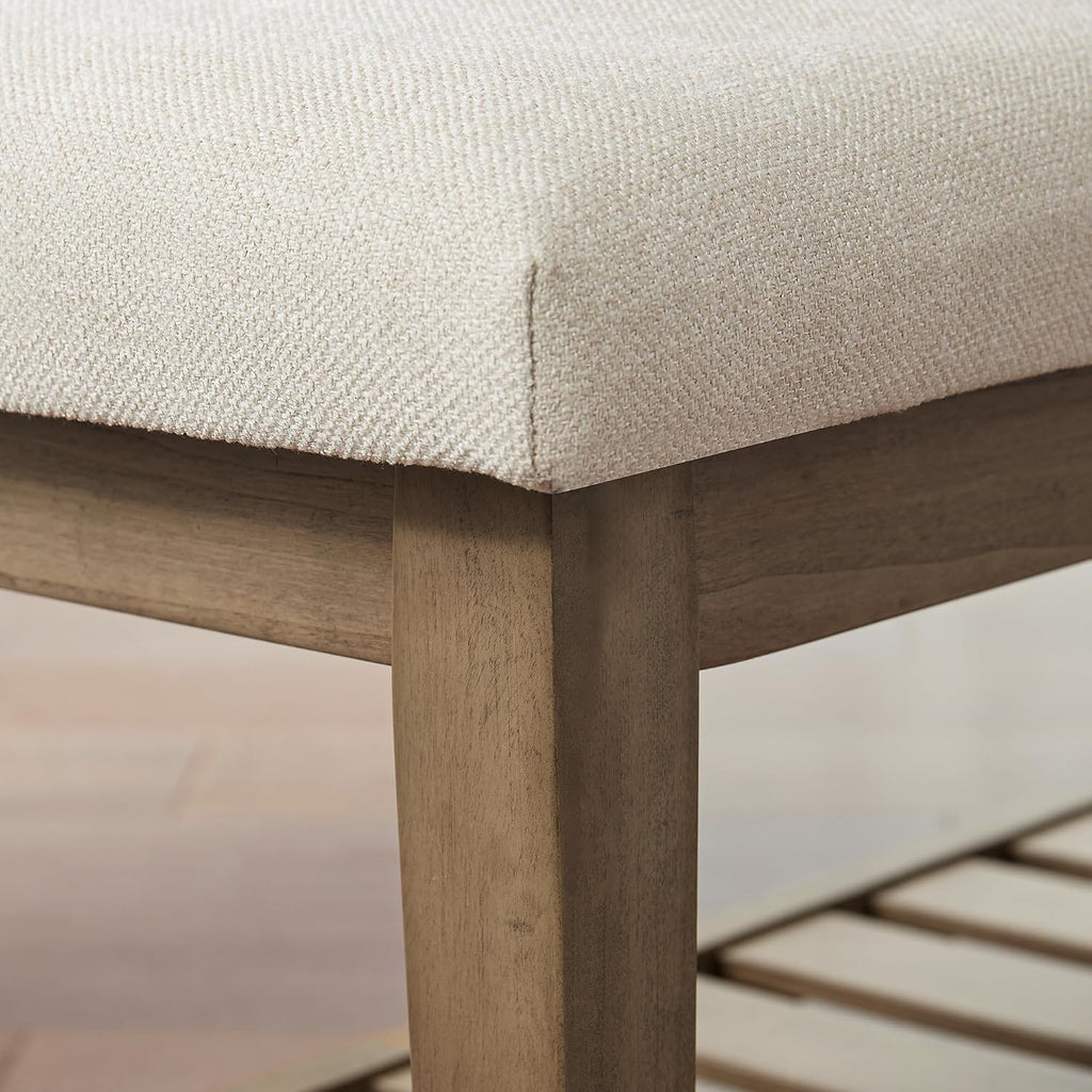 Entryway Bench, Chenille Upholstered Shoe Benches , Ottoman Bench with Solid Wood Shelf, Storage Benches (Beige)