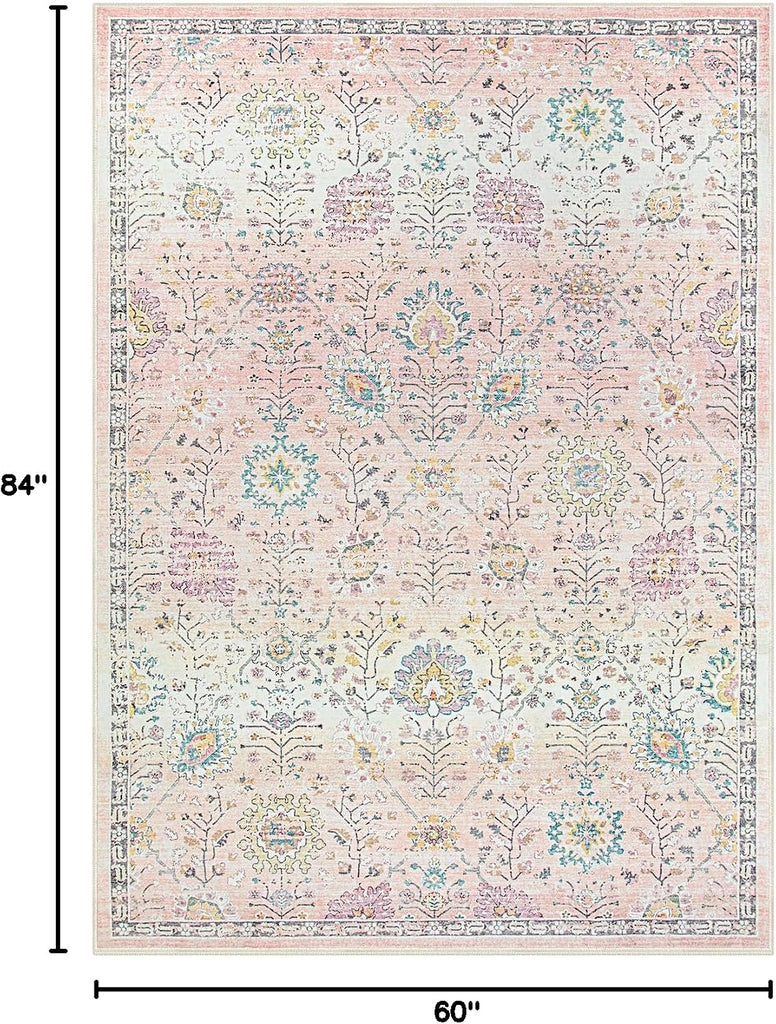 Pink Rug for Girls Bedroom 5x7, Soft Washable Floral Dorm Rug, Boho Non Slip Pastel Classroom Carpect Room, Kids