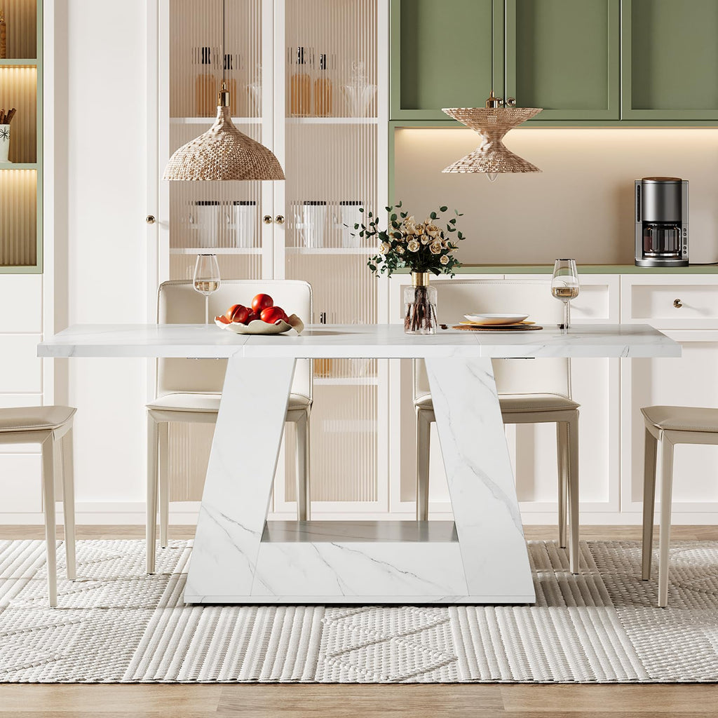 Dining Table for 4 to 6 People, 63" Rectangular Dining Room Table, Modern Wooden Faux Marble Dinner Table with Sturdy
