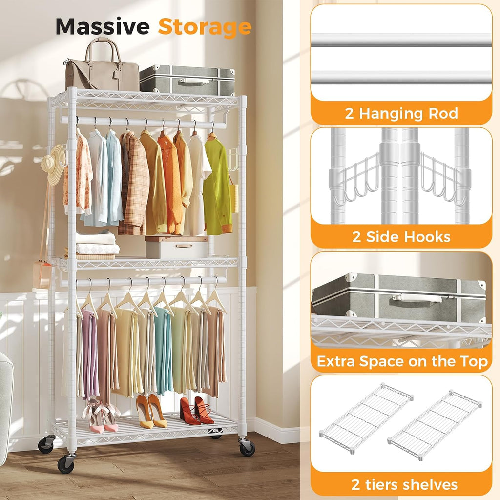 Heavy Duty Clothing Rack with Wheels, 3-Tier Adjustable Wire Garment Rack, Metal Freestanding Closet Organizer System