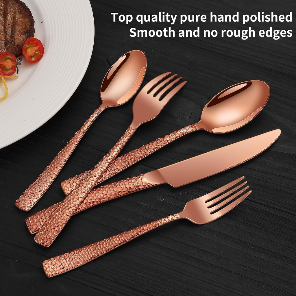 40-Piece Silverware Set, Rose Gold Hammered Stainless Steel Flatware Sets for 8, Food-Grade Tableware Set
