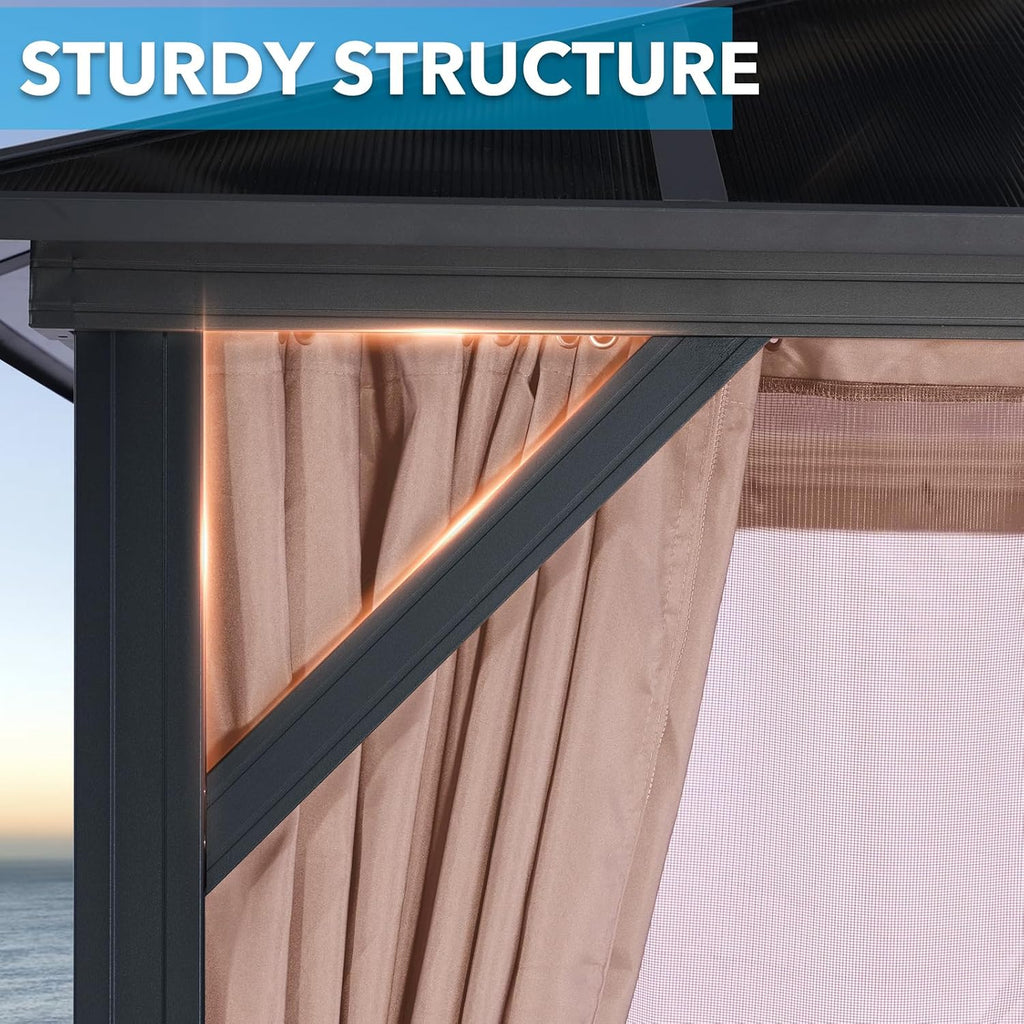 10' X 13' Permanent Hardtop Gazebo, Outdoor Polycarbonate Double Roof Canopy with Breathable Netting & Privacy Curtain