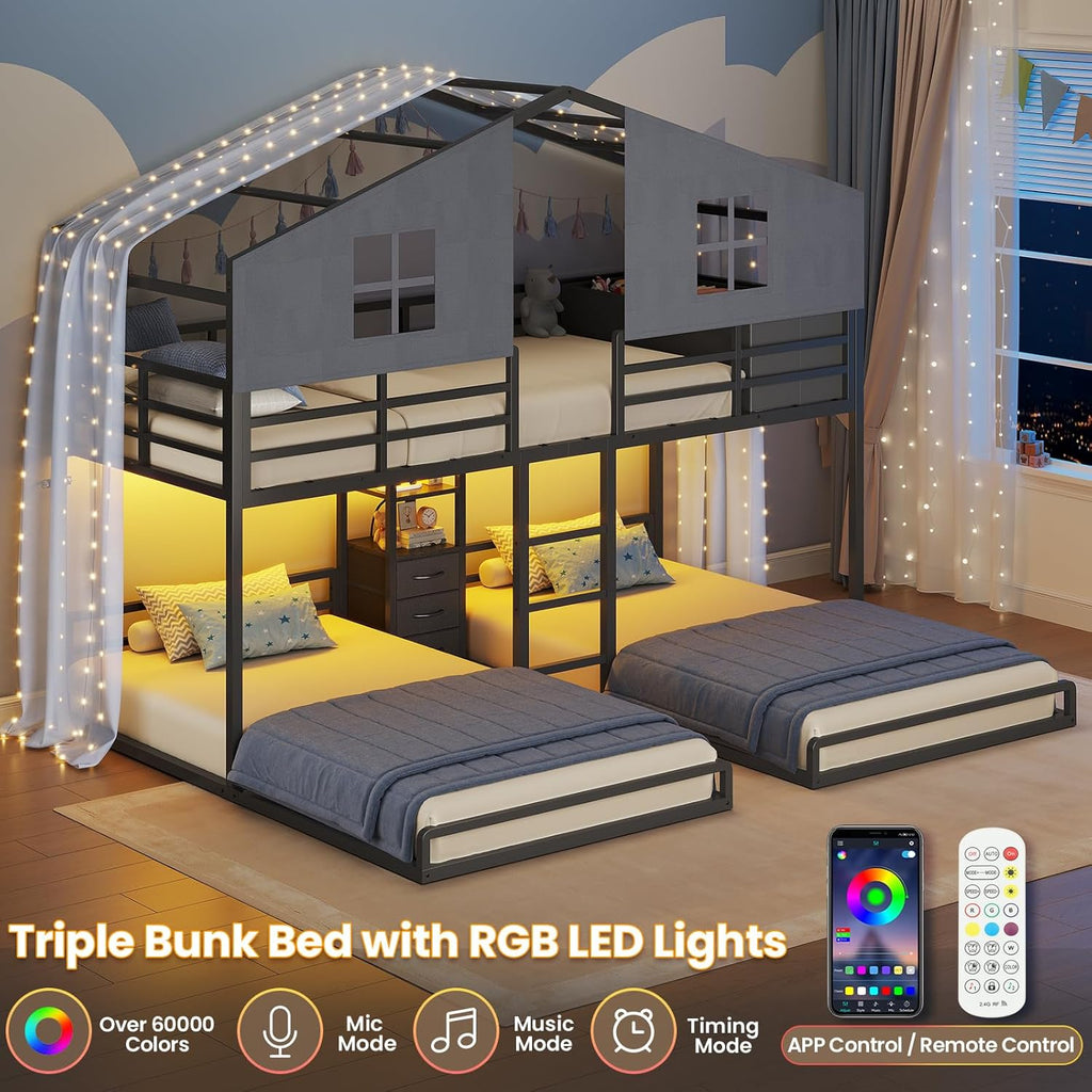 Triple Bunk Bed Twin with House, 4 Storage Drawers, Charging Station and LED Lights