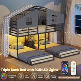 Triple Bunk Bed Twin with House, 4 Storage Drawers, Charging Station and LED Lights