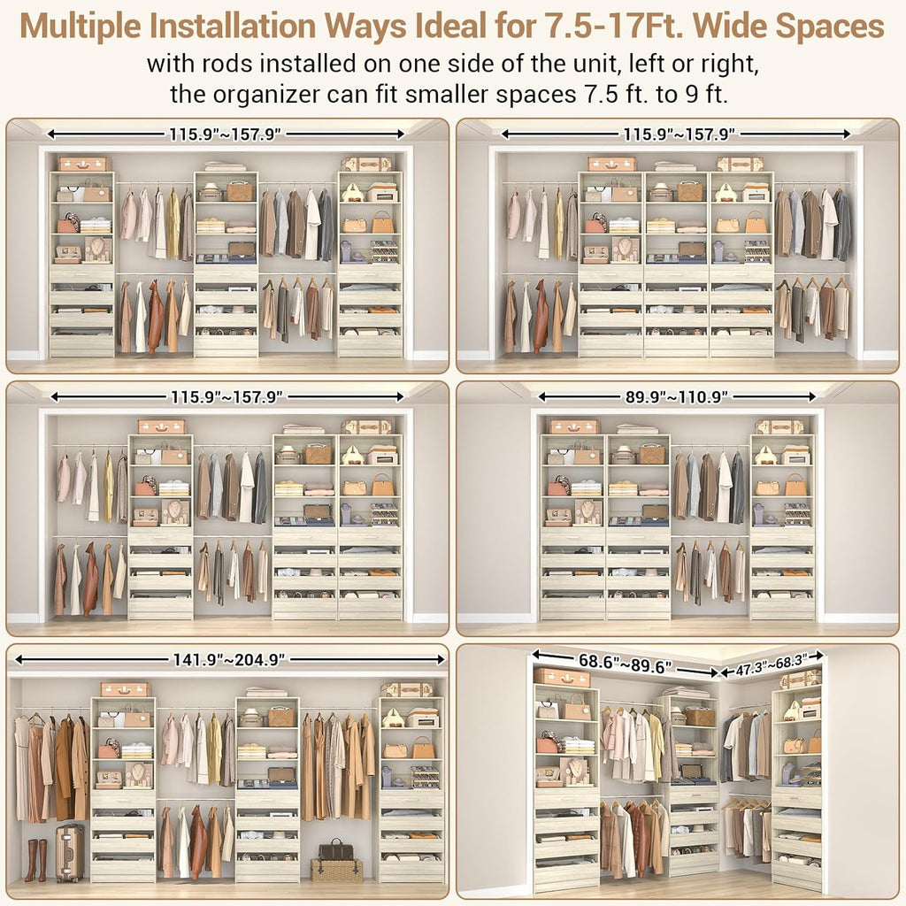 Closet System with 12 Drawers, 8.5-11.5Ft Wood Closet Organizer System with 4 Hanging Rods & 3 Towers, 4Ft & 6Ft