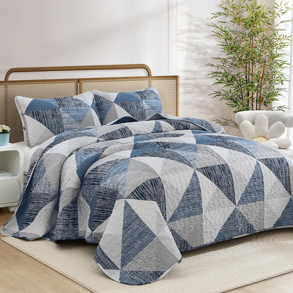 Quilt Queen Blue, 3 Pieces Patchwork Bedspread Bedding for Queen Bed, Soft Lightweight Microfiber Geometric Coverlet