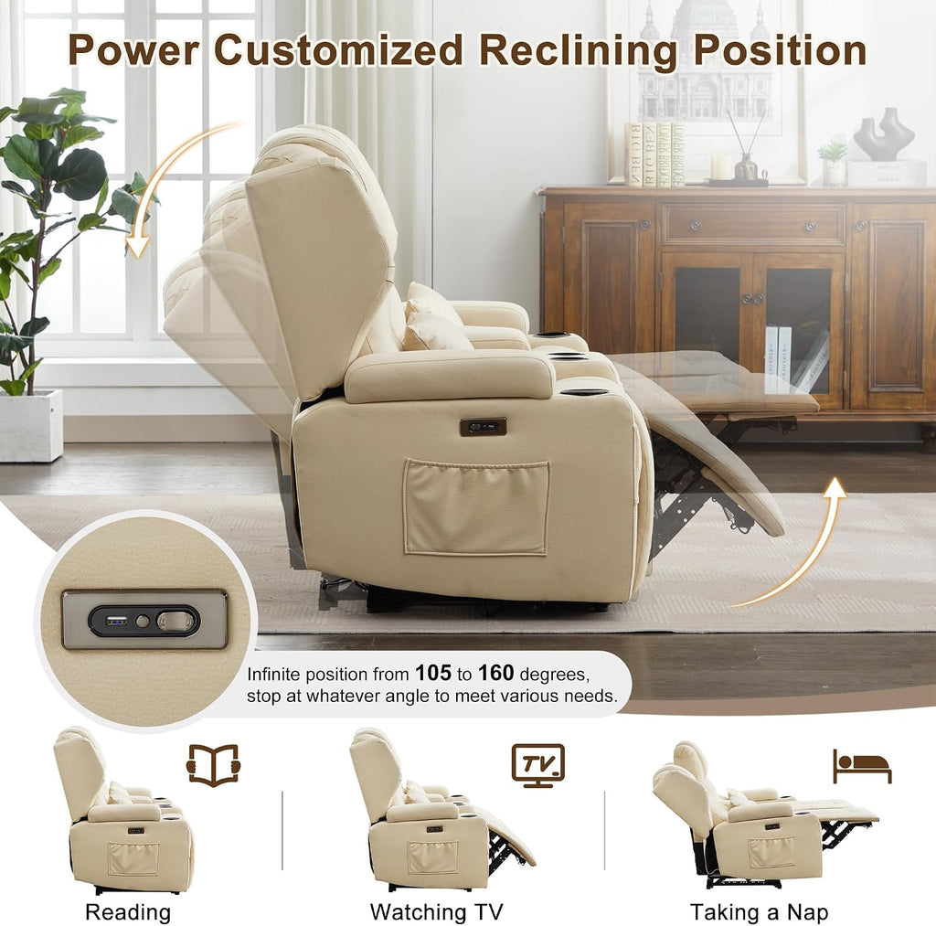 RV Power Loveseat Recliner Sofa, Leathaire Fabric Wall Hugger Reclining Loveseat with Console and Cup Holders