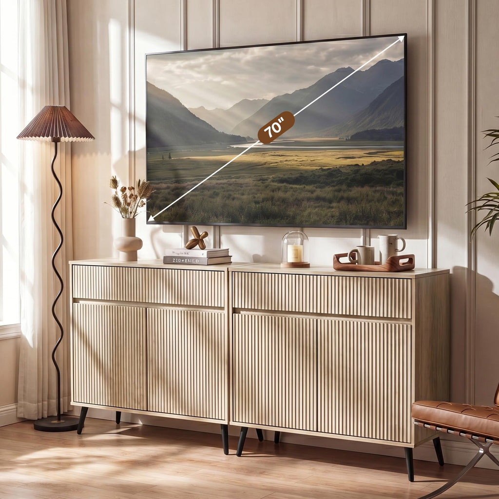 92" Large Fluted Module Sideboard Buffet Cabinet W/ Storage, Light Oak