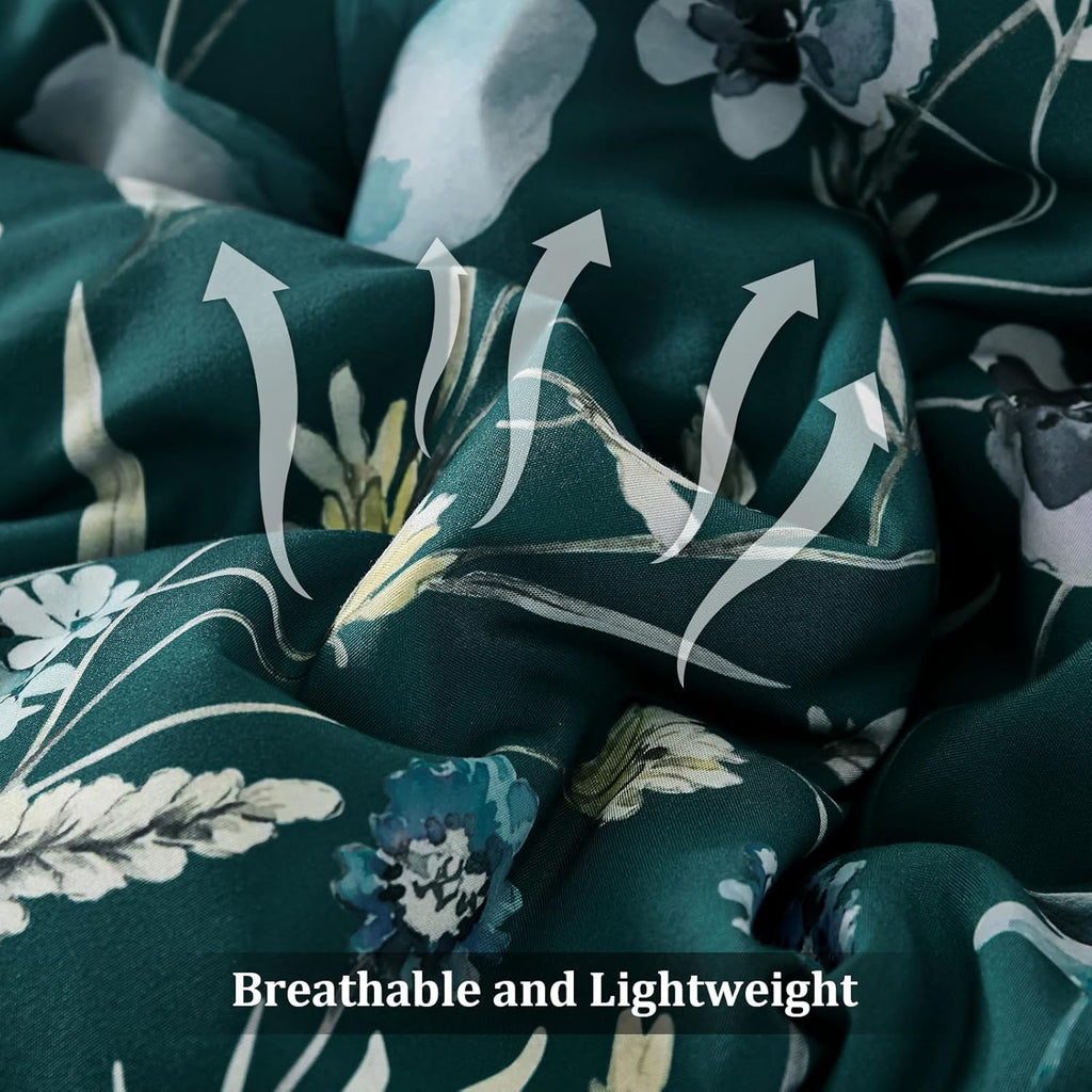 Queen Floral Comforter Set 7 Pieces, Teal Floral Comforter with Sheet Set, Flowers Leaves Pattern