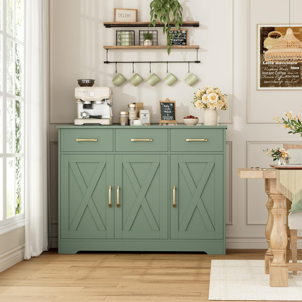 Modern Farmhouse Buffet Sideboard Cabinet, Barn Doors Storage Cabinet with Drawers and Shelves