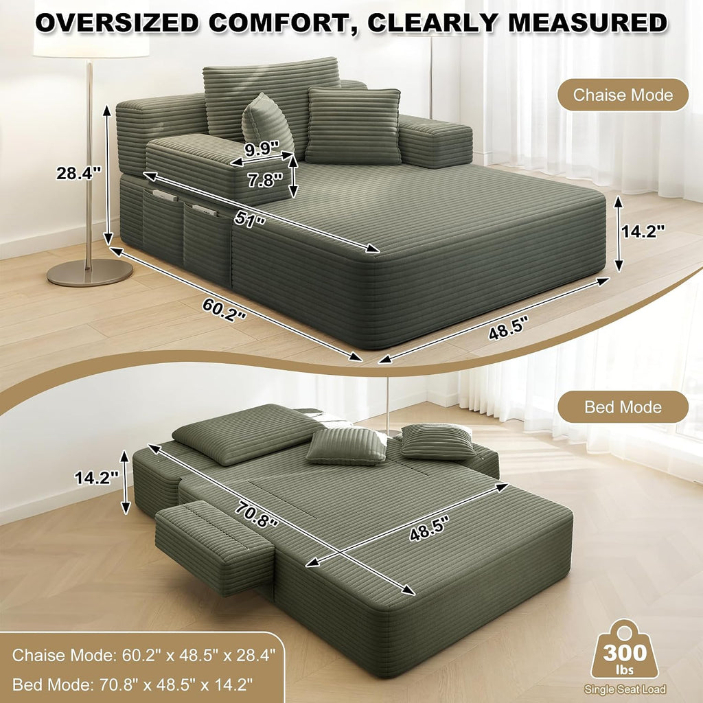 60.2" Oversized Chaise Lounge Chair, Boneless Corduroy Cloud Couch, Deep Seat Convertible Sofa Bed with 3 Pillows