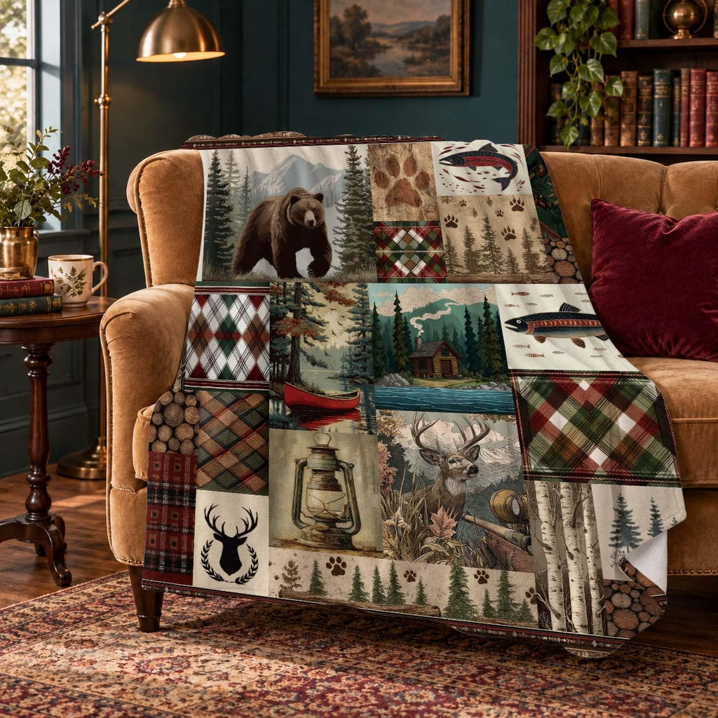 Bear Deer Flannel Blanket for Men, Rustic Cabin Throw, 50x60 Inch