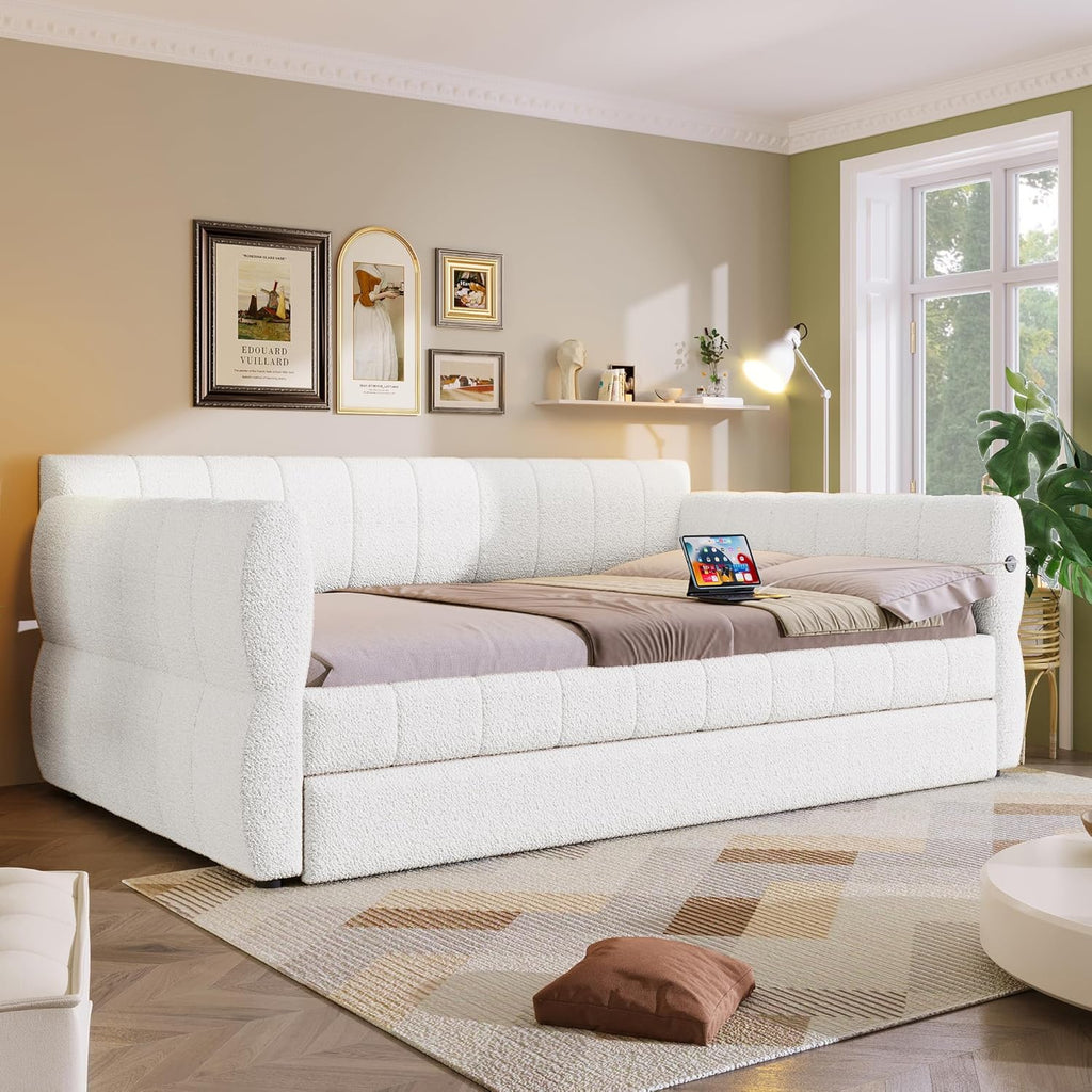 Queen Size Daybed with Trundle, Upholstered Daybed with USB Ports, Fleece Upholstered Platform Bed Frame with Twin XL