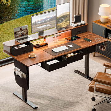 63x32" Electric Standing Desk with 5 Drawers, Power Outlets, LED Light