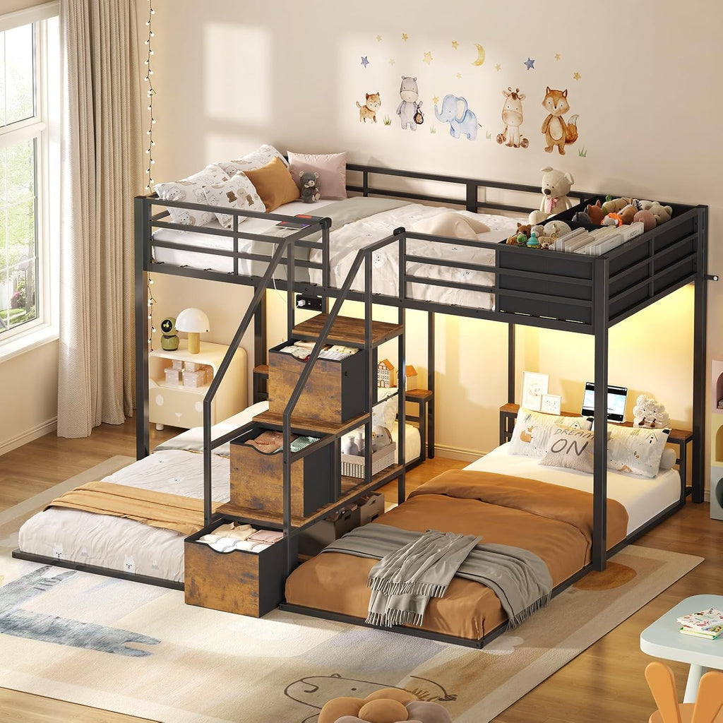 Triple Bunk Bed with Storage Staircase, RGB Lights & Charging Station, Twin Over Twin