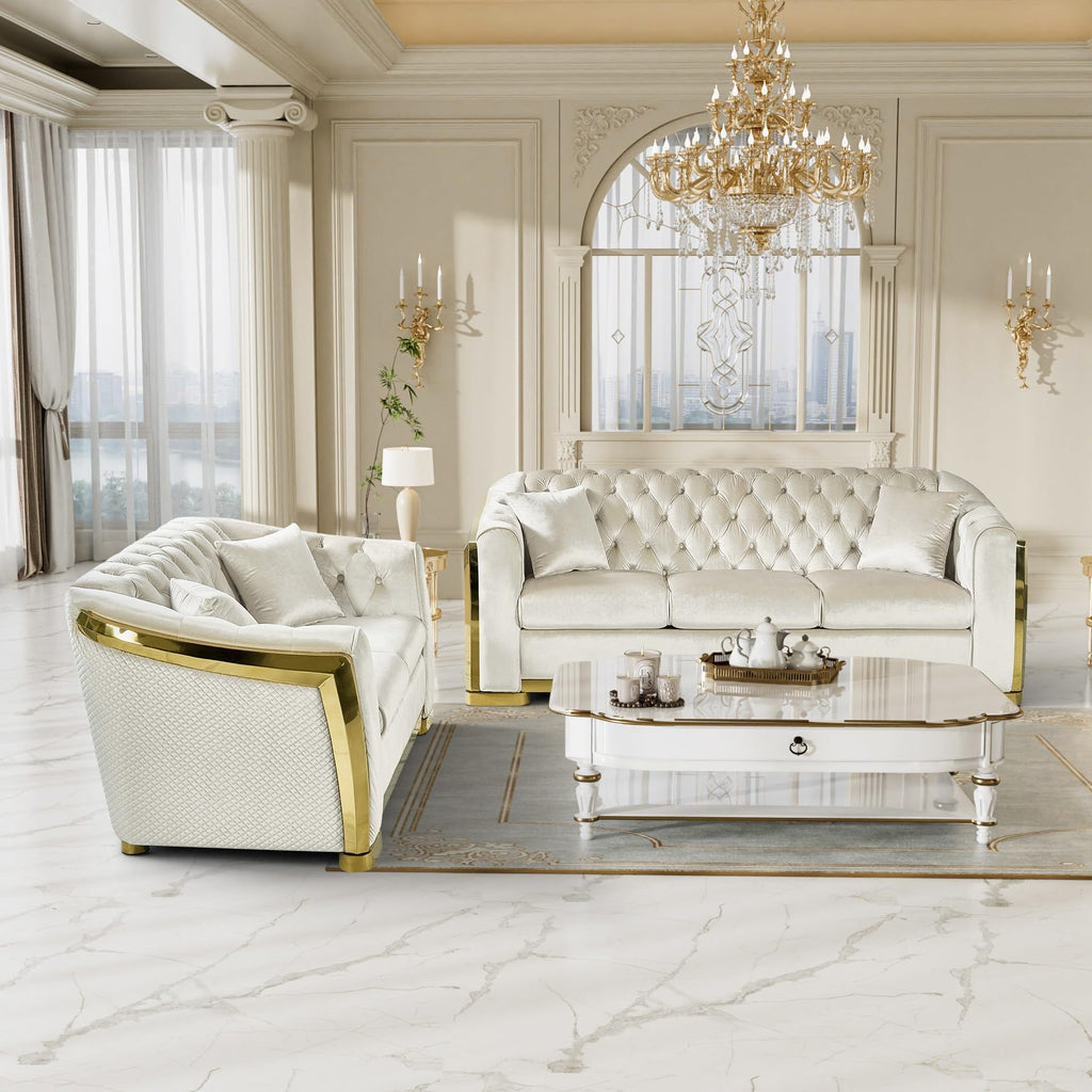 84" Luxury Oversized Velvet Chesterfield Sofa, White and Gold Couch