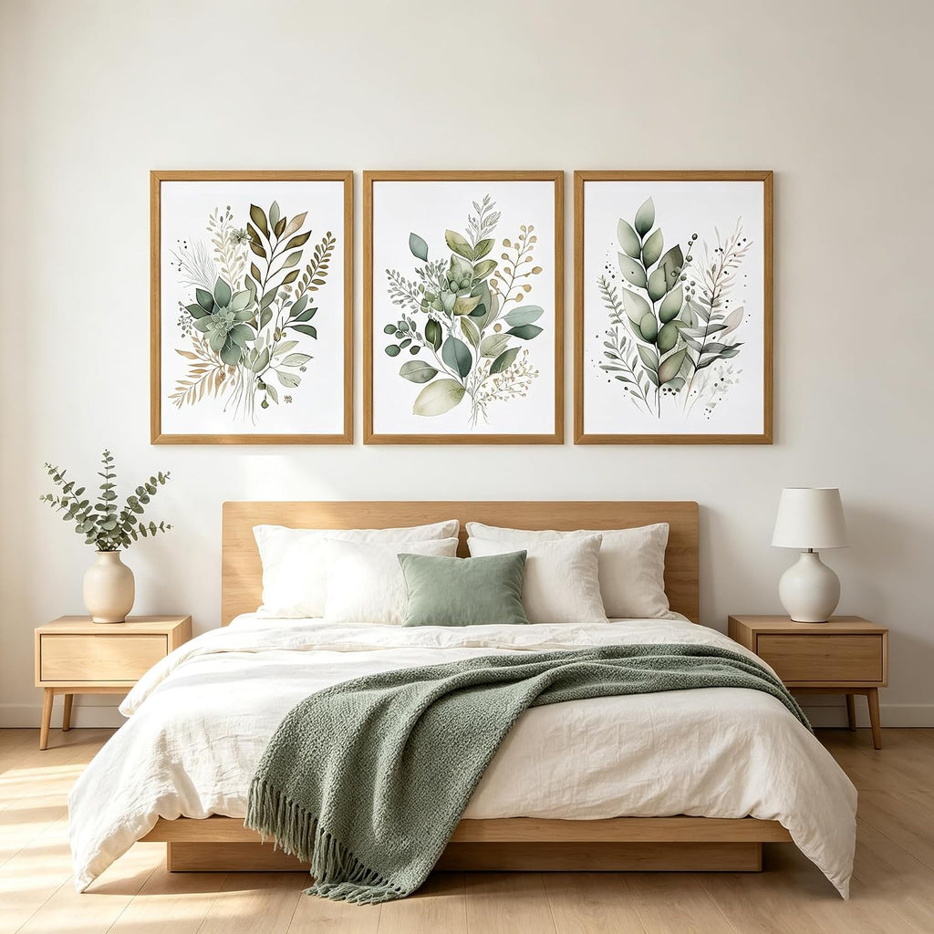 Sage Green Botanical Wall Art Set of 3, Modern Watercolor Eucalyptus Leaf Canvas Prints, Minimalist Boho Floral Wall