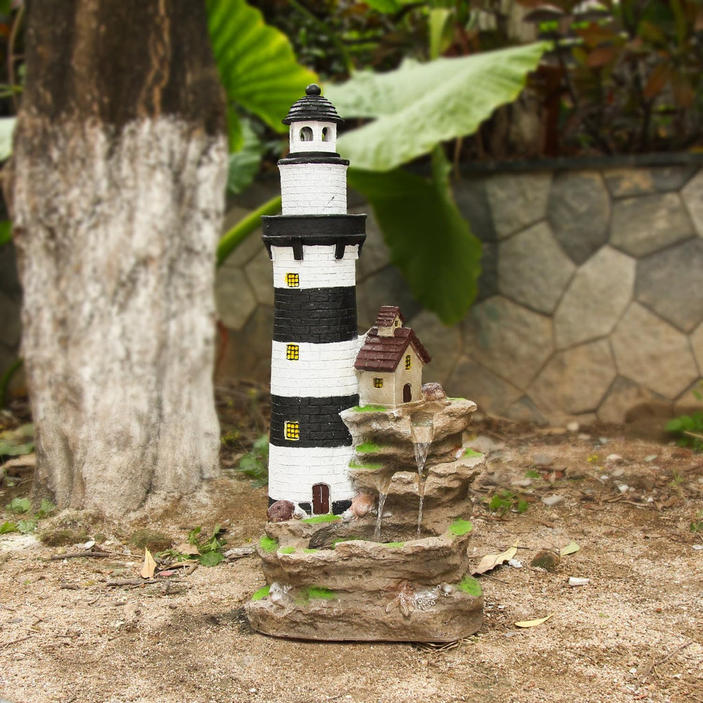 Outdoor Lighthouse Waterfall Fountain 38.58" Tall 3-Tiered Rock Water Feature with LED Lights Décor