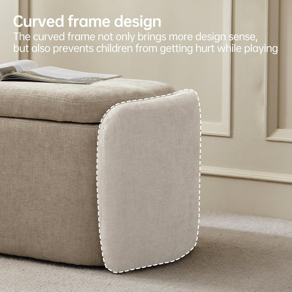 Storage Bench, Upholstered Storage Ottoman Bench with Hinge, Khaki | Ottoman Bench with Large Capacity, Curved Frame