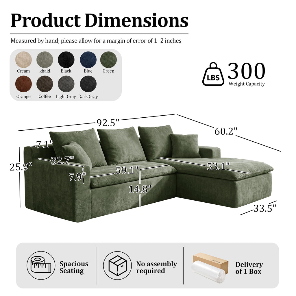 Boneless Cloud Sectional Sofa, L‐Shaped Chenille Deep Seat Modular Couch with Chaise Lounge, No Assembly Required