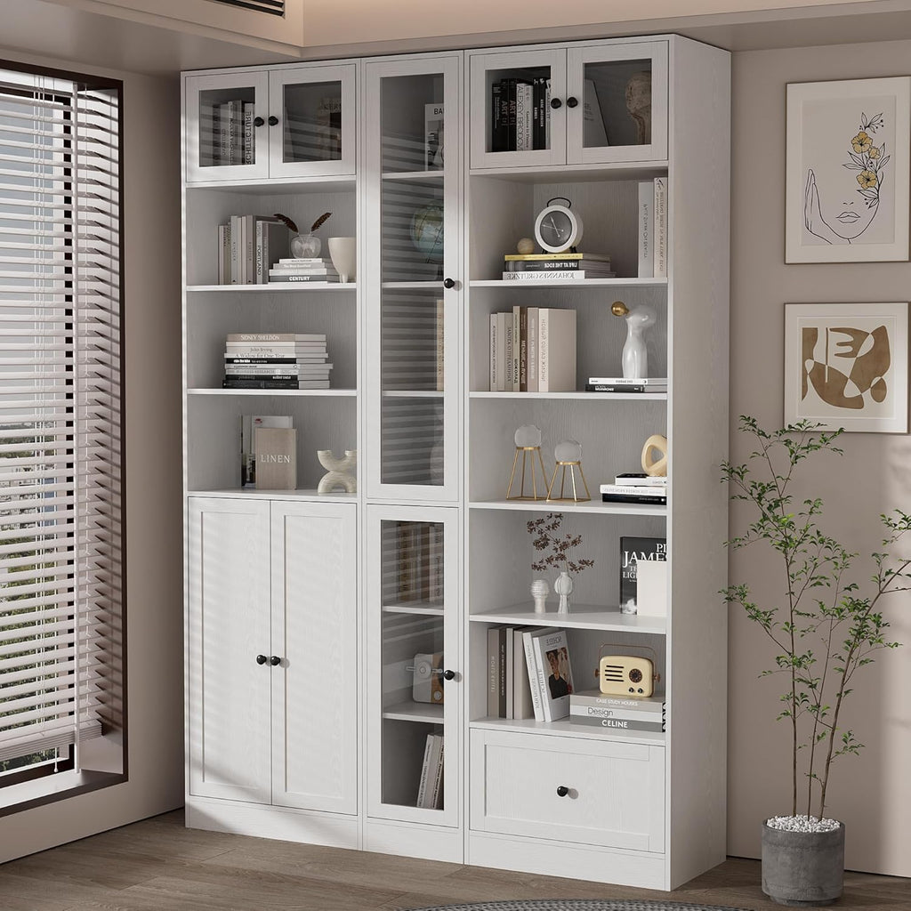 85.5 Inch Tall Bookshelf with Doors - 7 Tier Bookcase with Glass Doors and Drawer
